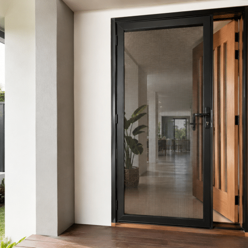 Black mesh security screen door fitted to a modern Queensland home